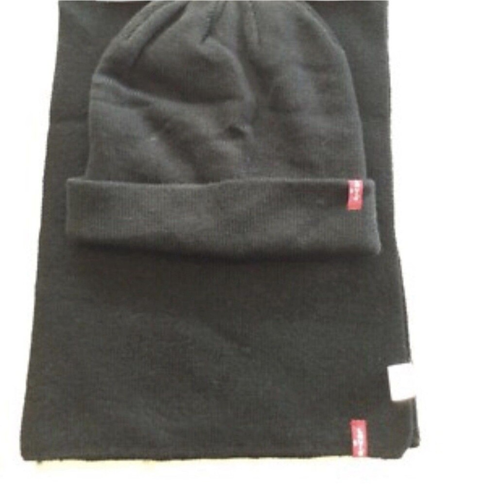 Levi's Beanie and Scarf Set Black Knit Hat, Gray Black Scarf